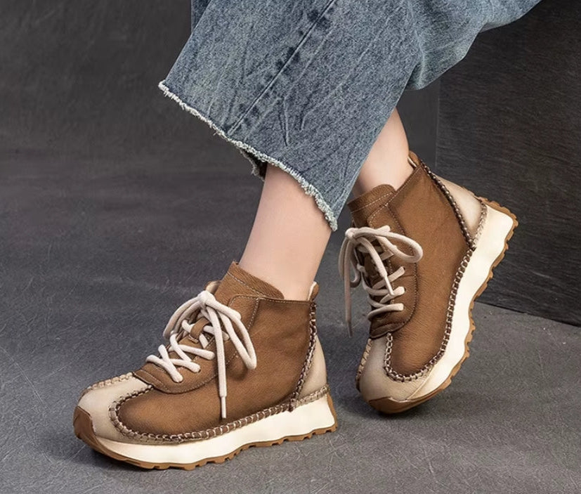 Genuine Leather Sneakers| Women Shoes Lace-up | Platform Flat Handmade Leisure Comfortable Ladies Shoes