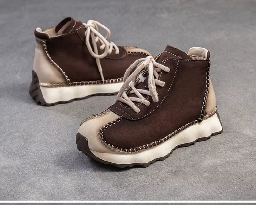 Genuine Leather Sneakers| Women Shoes Lace-up | Platform Flat Handmade Leisure Comfortable Ladies Shoes