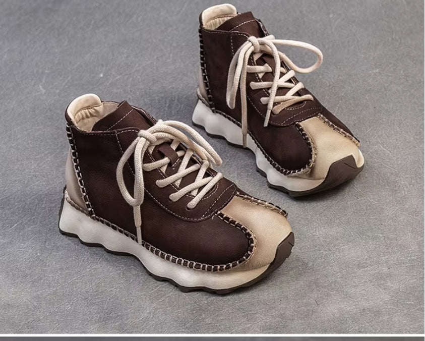Genuine Leather Sneakers| Women Shoes Lace-up | Platform Flat Handmade Leisure Comfortable Ladies Shoes