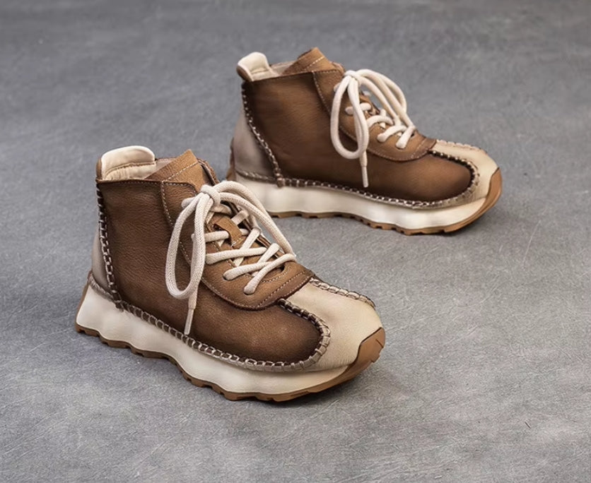 Genuine Leather Sneakers| Women Shoes Lace-up | Platform Flat Handmade Leisure Comfortable Ladies Shoes