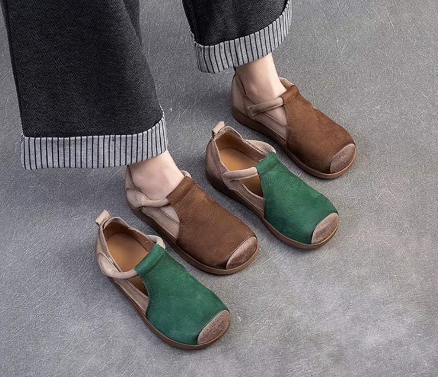 New Genuine Leather Sandals | Round Toe Hollow Retro Style Women's Shoes