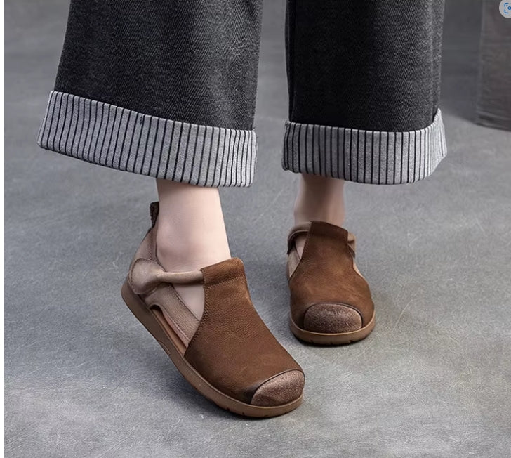New Genuine Leather Sandals | Round Toe Hollow Retro Style Women's Shoes