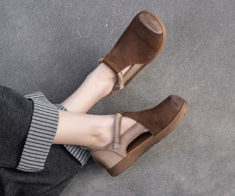 New Genuine Leather Sandals | Round Toe Hollow Retro Style Women's Shoes