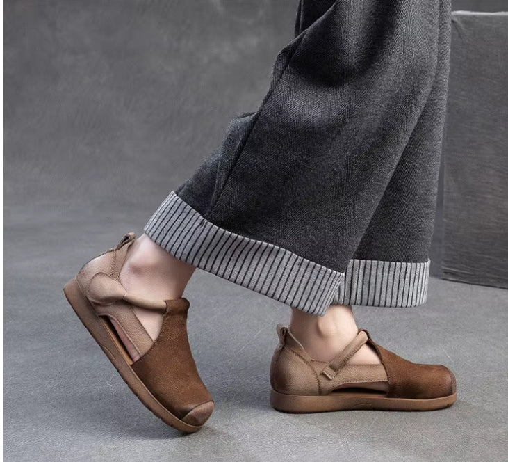 New Genuine Leather Sandals | Round Toe Hollow Retro Style Women's Shoes