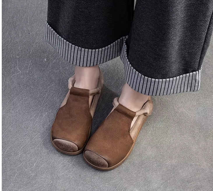 New Genuine Leather Sandals | Round Toe Hollow Retro Style Women's Shoes