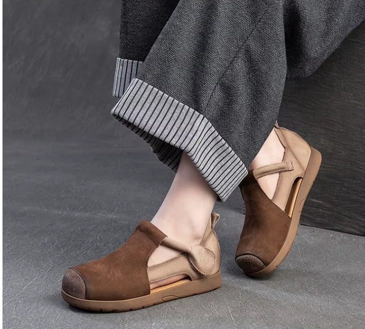 New Genuine Leather Sandals | Round Toe Hollow Retro Style Women's Shoes