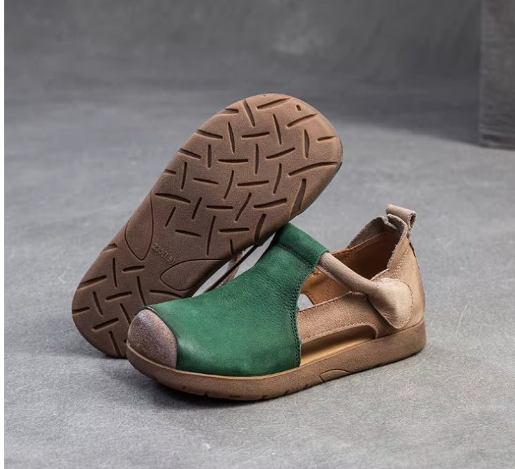 New Genuine Leather Sandals | Round Toe Hollow Retro Style Women's Shoes