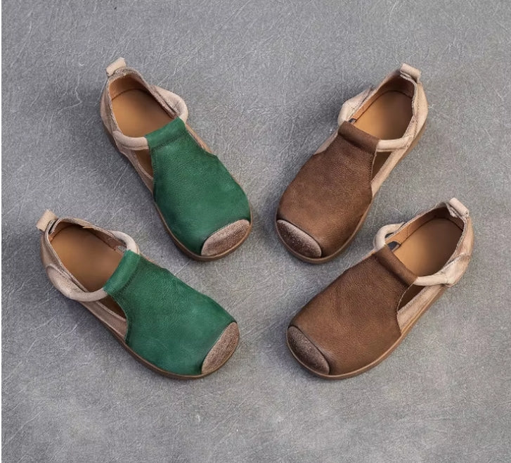 New Genuine Leather Sandals | Round Toe Hollow Retro Style Women's Shoes