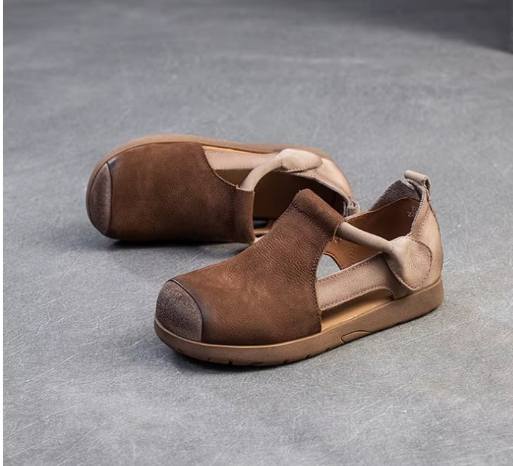 New Genuine Leather Sandals | Round Toe Hollow Retro Style Women's Shoes