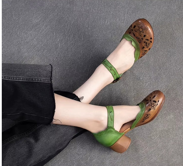 Women Sandals | Genuine Leather Thick Heels Sandals | Retro Style Round Toe Casual High Heel Doll Shoes