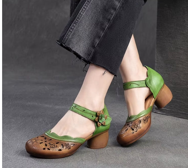 Women Sandals | Genuine Leather Thick Heels Sandals | Retro Style Round Toe Casual High Heel Doll Shoes