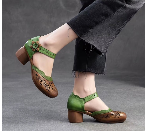 Women Sandals | Genuine Leather Thick Heels Sandals | Retro Style Round Toe Casual High Heel Doll Shoes
