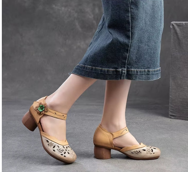 Women Sandals | Genuine Leather Thick Heels Sandals | Retro Style Round Toe Casual High Heel Doll Shoes