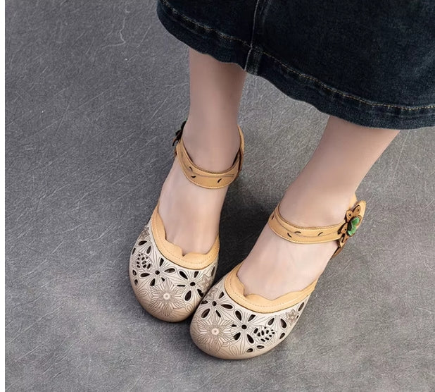 Women Sandals | Genuine Leather Thick Heels Sandals | Retro Style Round Toe Casual High Heel Doll Shoes