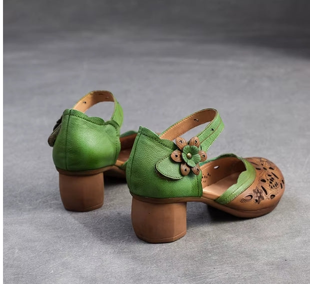 Women Sandals | Genuine Leather Thick Heels Sandals | Retro Style Round Toe Casual High Heel Doll Shoes
