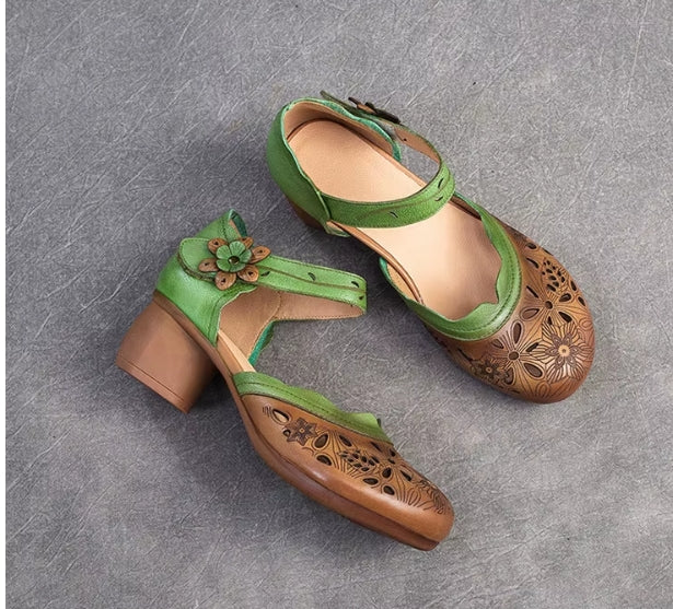 Women Sandals | Genuine Leather Thick Heels Sandals | Retro Style Round Toe Casual High Heel Doll Shoes