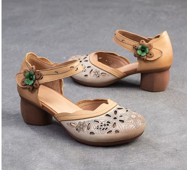 Women Sandals | Genuine Leather Thick Heels Sandals | Retro Style Round Toe Casual High Heel Doll Shoes