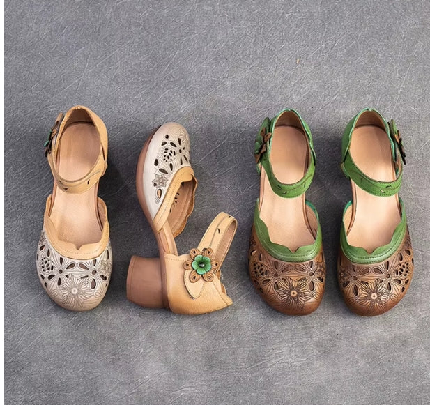 Women Sandals | Genuine Leather Thick Heels Sandals | Retro Style Round Toe Casual High Heel Doll Shoes