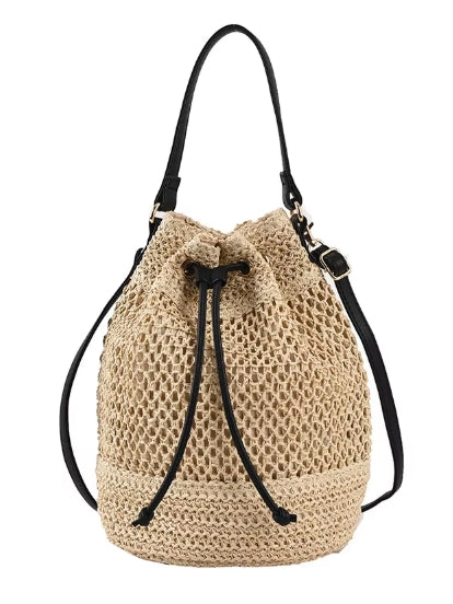 Woven Straw Bag Ladies Bucket Crossbody Bag | Summer Beach Bag Retro Travel Shoulder Bags | Small Travel Purse and Handbag For Women |