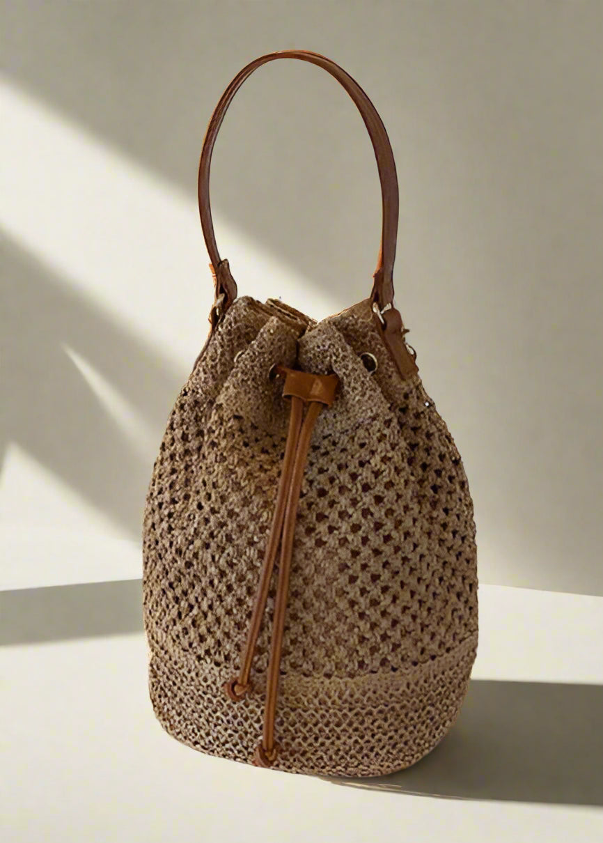 Woven Straw Bag Ladies Bucket Crossbody Bag | Summer Beach Bag Retro Travel Shoulder Bags | Small Travel Purse and Handbag For Women |