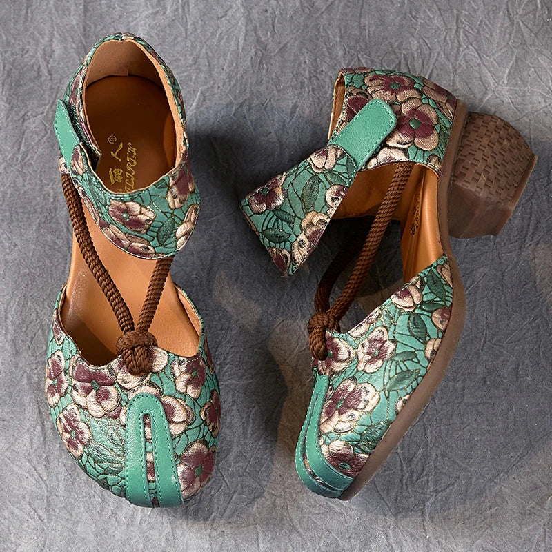New Women Sandals | Genuine Leather Print | Thick Heels Sandals Retro Style Round Toe | Casual High Heel Shoes
