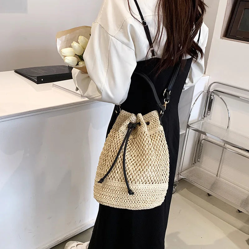Woven Straw Bag Ladies Bucket Crossbody Bag | Summer Beach Bag Retro Travel Shoulder Bags | Small Travel Purse and Handbag For Women |