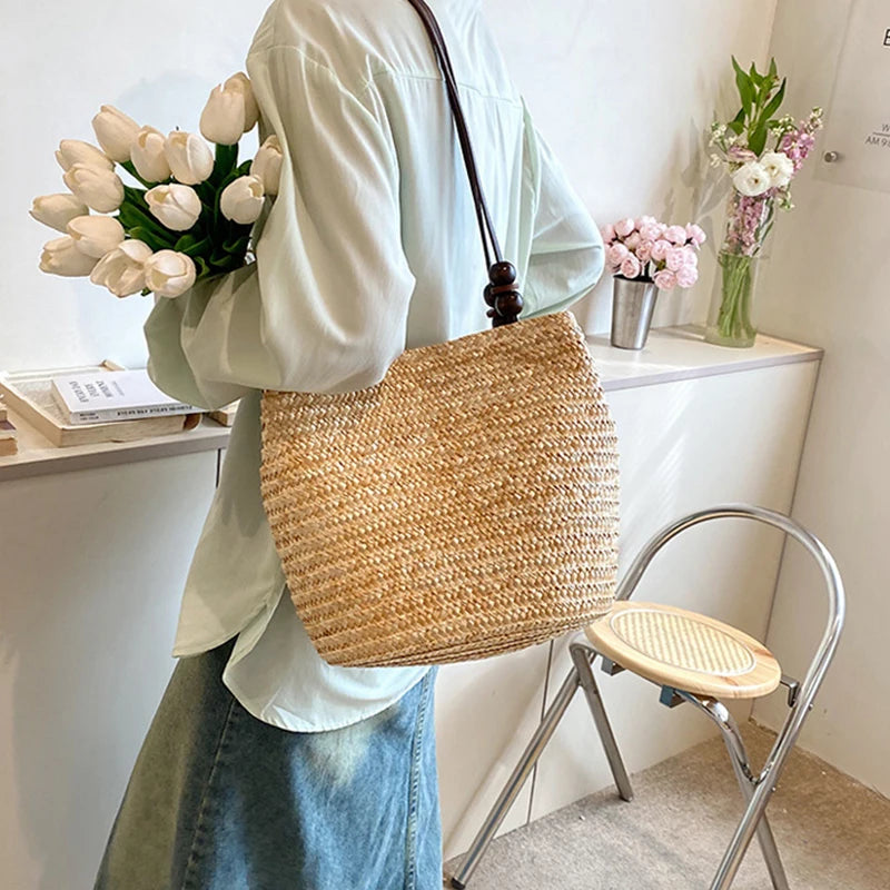Casual Straw Woven Shoulder Bags For Women | Wicker Handbags | Handmade Summer Beach Bag | Large Capacity Rattan Totes