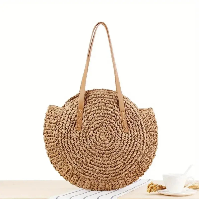 Hollow Woven Straw Bag | Round Shoulder Bag | Large Capacity Simple Round Woven Beach Bag
