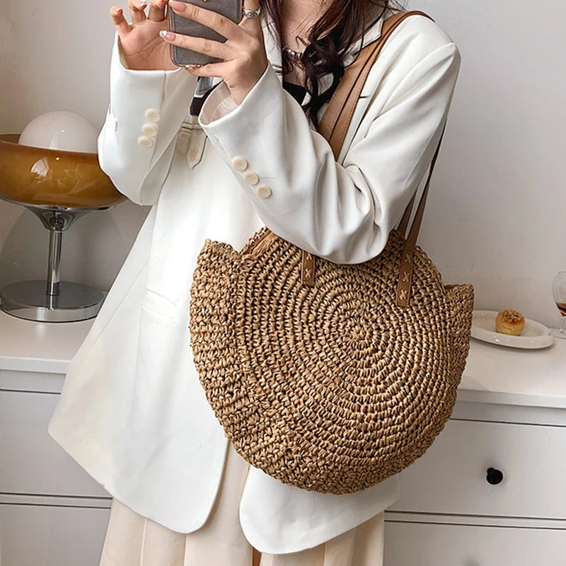 Hollow Woven Straw Bag | Round Shoulder Bag | Large Capacity Simple Round Woven Beach Bag