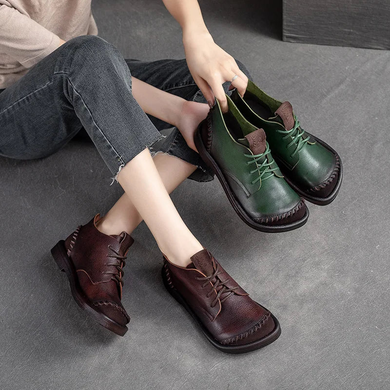 Coffee Square Toe Lace Up Thick Soled Boots For Women Platform Ankle Boots Genuine Leather Autumn Luxury Sewing Causal Shoes