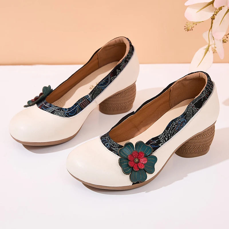 Spring Flower Genuine Cow Leather Shoes | Women Shoes Elegant Fashion Shoes
| Woman Retro Handmade Shoes High Heels