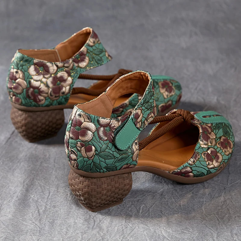 New Women Sandals | Genuine Leather Print | Thick Heels Sandals Retro Style Round Toe | Casual High Heel Shoes