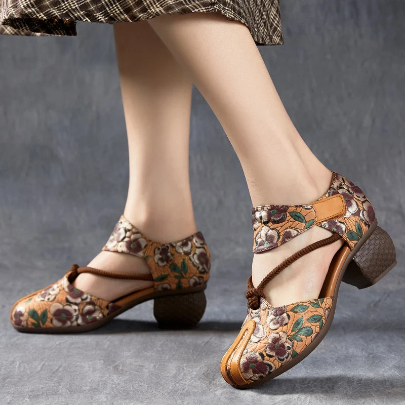 New Women Sandals | Genuine Leather Print | Thick Heels Sandals Retro Style Round Toe | Casual High Heel Shoes