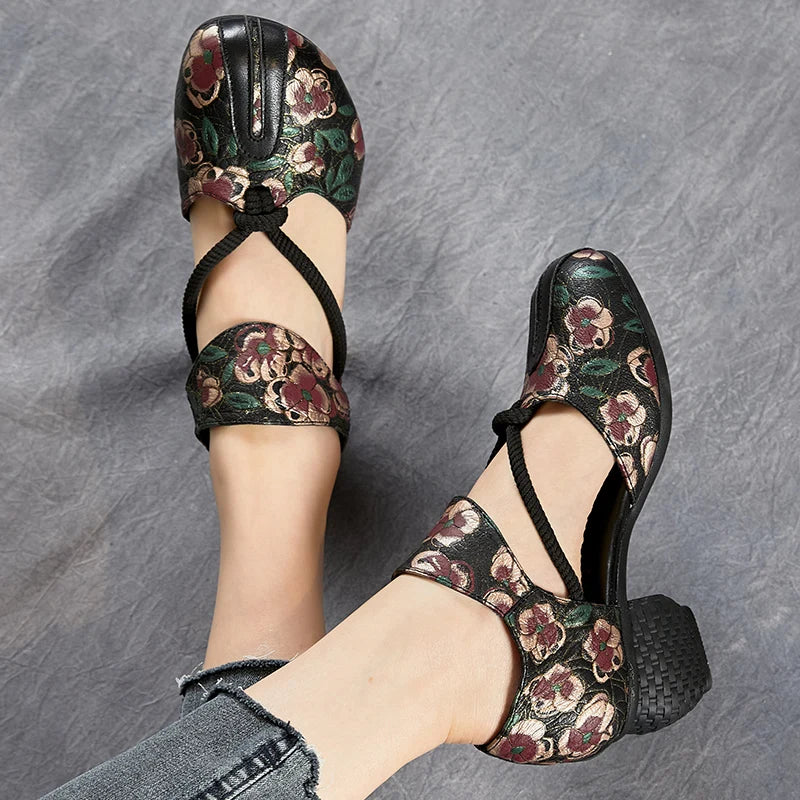 New Women Sandals | Genuine Leather Print | Thick Heels Sandals Retro Style Round Toe | Casual High Heel Shoes