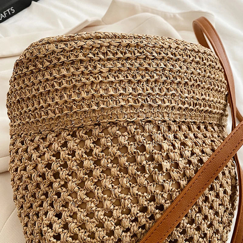 Woven Straw Bag Ladies Bucket Crossbody Bag | Summer Beach Bag Retro Travel Shoulder Bags | Small Travel Purse and Handbag For Women |