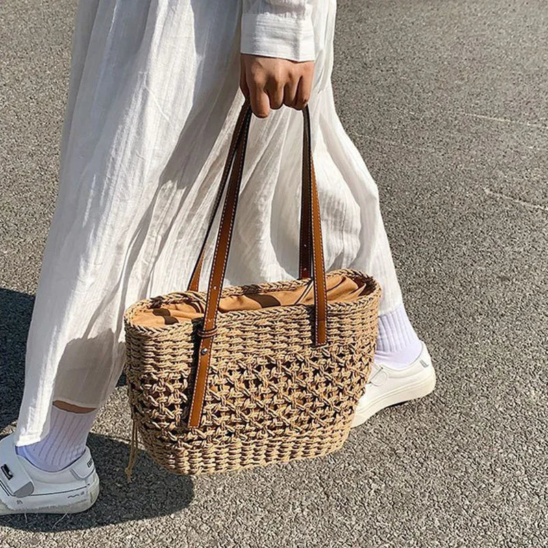 Casual Rattan Large Capacity Shopping Tote | Wicker Woven Women Handbags | Summer Beach Straw Bag | Lady Travel Big Basket