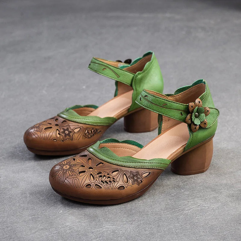 Women Sandals | Genuine Leather Thick Heels Sandals | Retro Style Round Toe Casual High Heel Doll Shoes