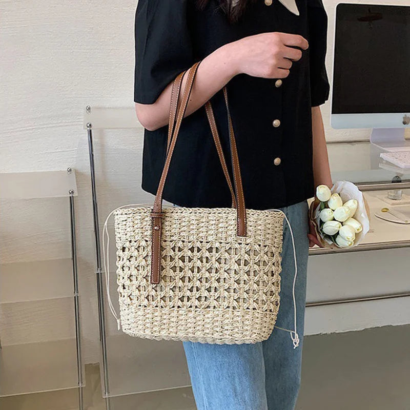 Casual Rattan Large Capacity Shopping Tote | Wicker Woven Women Handbags | Summer Beach Straw Bag | Lady Travel Big Basket
