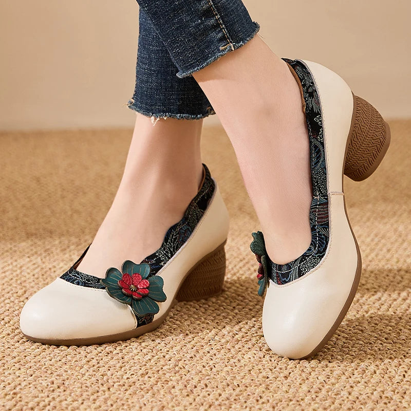 Spring Flower Genuine Cow Leather Shoes | Women Shoes Elegant Fashion Shoes
| Woman Retro Handmade Shoes High Heels