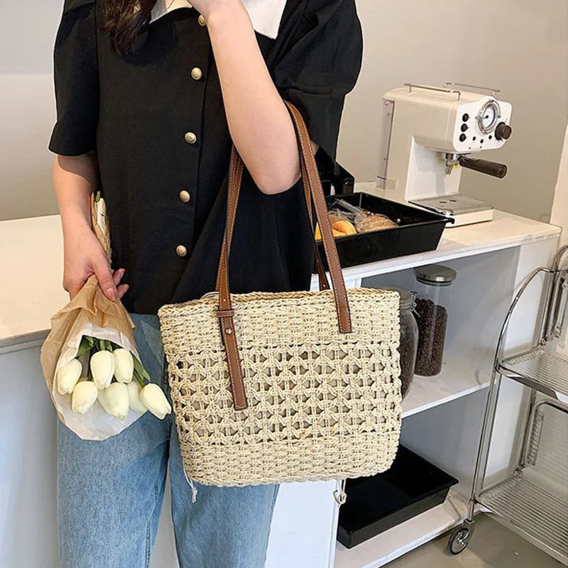Casual Rattan Large Capacity Shopping Tote | Wicker Woven Women Handbags | Summer Beach Straw Bag | Lady Travel Big Basket