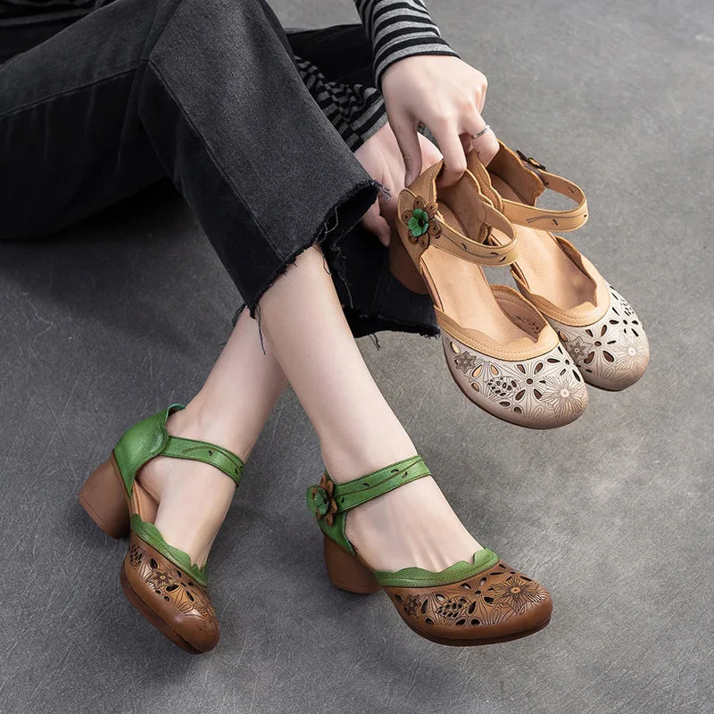 Women Sandals | Genuine Leather Thick Heels Sandals | Retro Style Round Toe Casual High Heel Doll Shoes