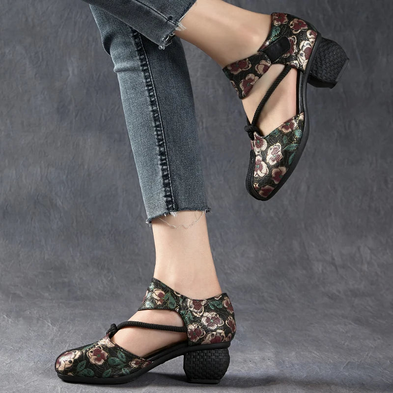 New Women Sandals | Genuine Leather Print | Thick Heels Sandals Retro Style Round Toe | Casual High Heel Shoes