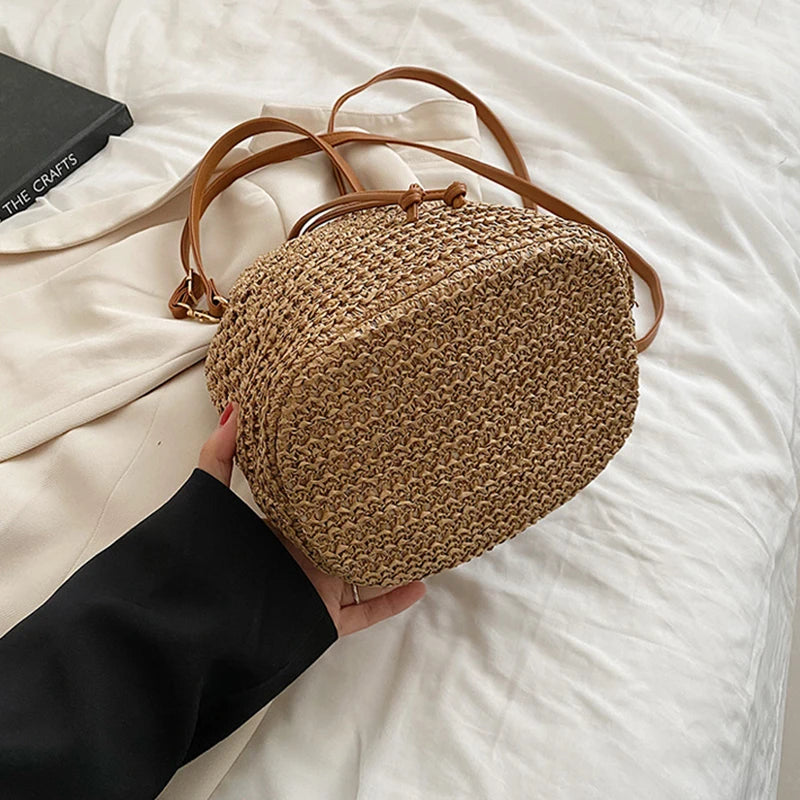 Woven Straw Bag Ladies Bucket Crossbody Bag | Summer Beach Bag Retro Travel Shoulder Bags | Small Travel Purse and Handbag For Women |