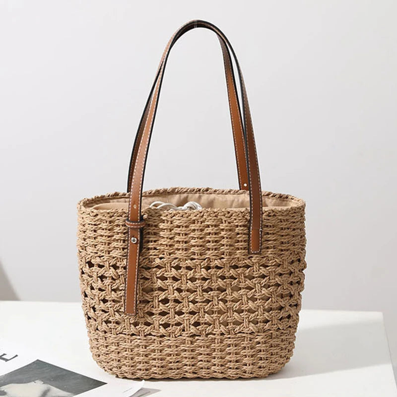 Casual Rattan Large Capacity Shopping Tote | Wicker Woven Women Handbags | Summer Beach Straw Bag | Lady Travel Big Basket