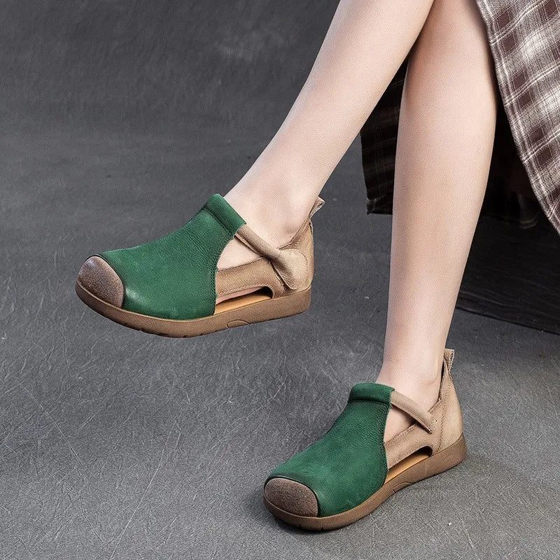 New Genuine Leather Sandals | Round Toe Hollow Retro Style Women's Shoes