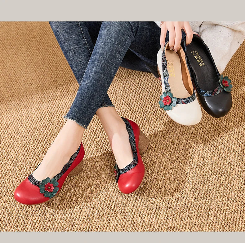 Spring Flower Genuine Cow Leather Shoes | Women Shoes Elegant Fashion Shoes
| Woman Retro Handmade Shoes High Heels