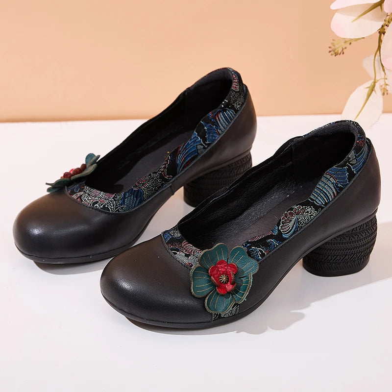 Spring Flower Genuine Cow Leather Shoes | Women Shoes Elegant Fashion Shoes
| Woman Retro Handmade Shoes High Heels