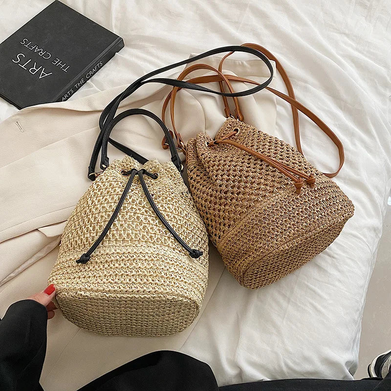 Woven Straw Bag Ladies Bucket Crossbody Bag | Summer Beach Bag Retro Travel Shoulder Bags | Small Travel Purse and Handbag For Women |