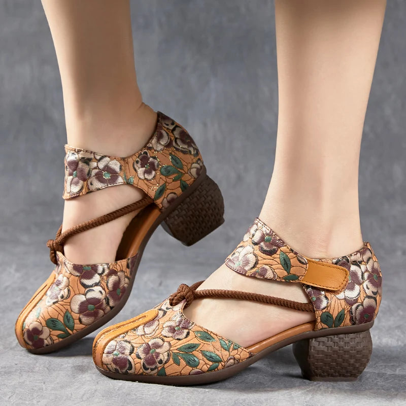 New Women Sandals | Genuine Leather Print | Thick Heels Sandals Retro Style Round Toe | Casual High Heel Shoes