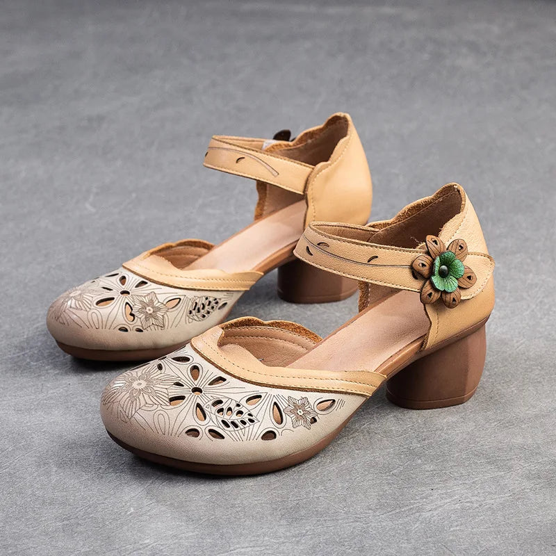 Women Sandals | Genuine Leather Thick Heels Sandals | Retro Style Round Toe Casual High Heel Doll Shoes